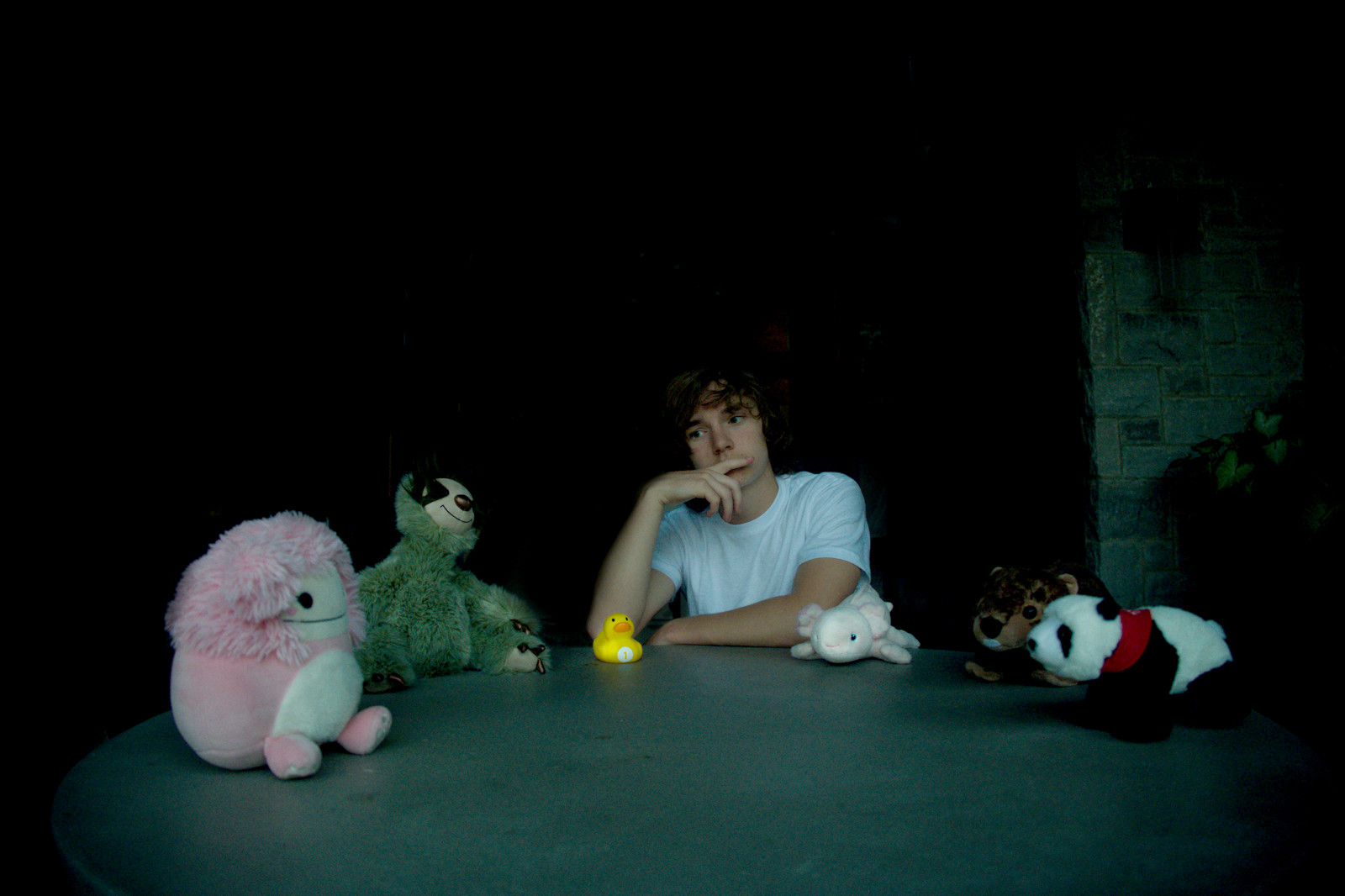 A council in session on a porch: a ring of stuffed animals set around a low table, one student sitting among them with a hand at his chin